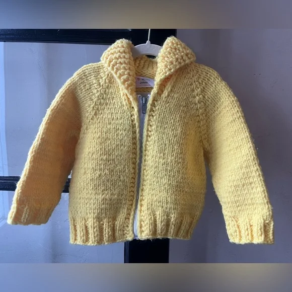 Darling VTG Hand Knit Yellow Cookie Monster Zip Up Sweater